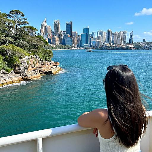 Photograph of a woman with long black hair, wearing a white tank top, gazing at a city skyline with blue water and rocky shoreline in the