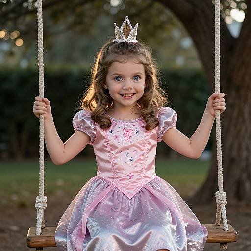 Photograph of a smiling young girl with blue eyes, wearing a pink satin princess dress, silver tiara, and holding wooden swing ropes in a sun