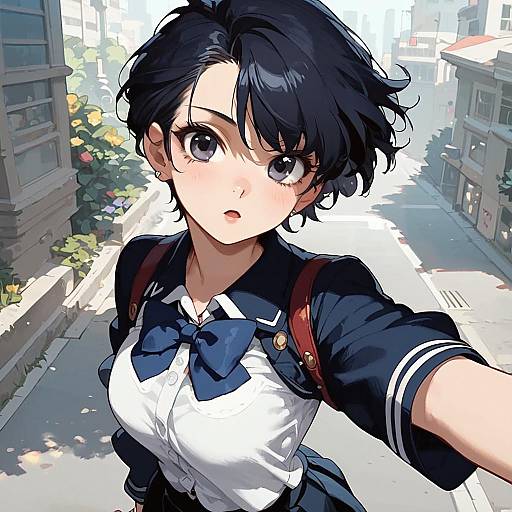Anime Schoolgirl Selfie on City Street