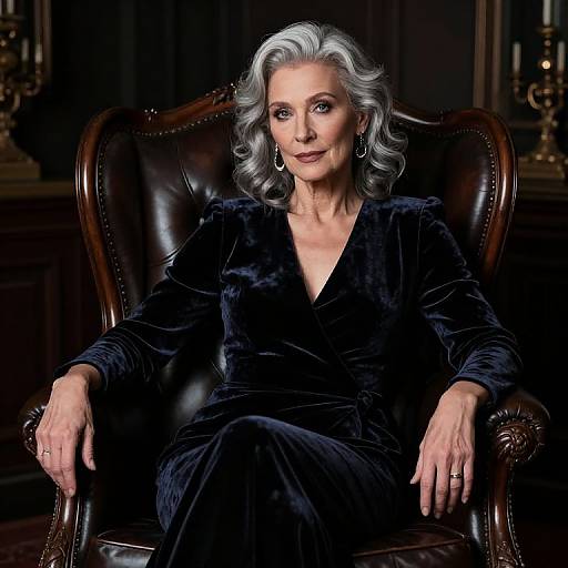 Photograph of an elegant older woman with silver hair, wearing a black velvet V-neck suit, seated in a dark leather chair, against a dark,