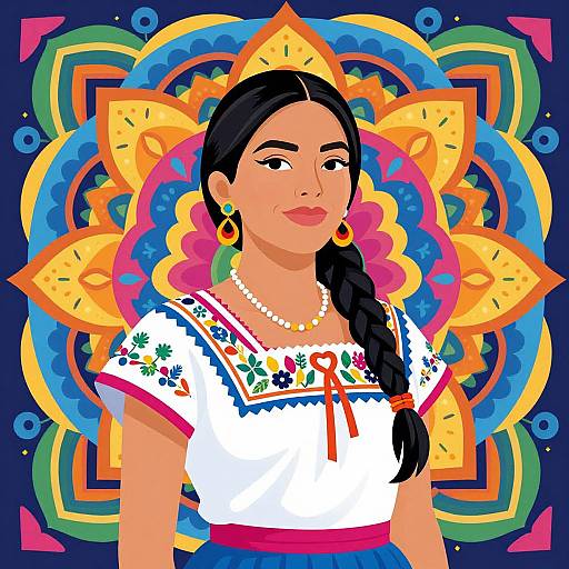 Digital illustration of a Hispanic woman with long black hair, wearing a traditional white blouse, colorful floral embroidery, red ribbon, gold earrings, and necklace,