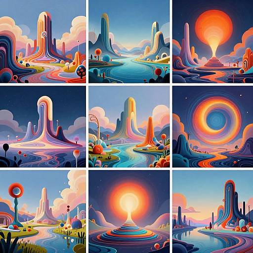 Vibrant digital artwork collage of surreal landscapes with colorful, flowing mountains, glowing suns, and swirling skies, featuring bold, abstract styles.