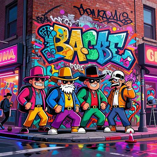 Vibrant cartoon street scene: four grinning men in colorful hats and jackets, walking past graffiti-covered brick wall with 