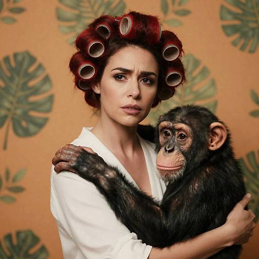 Concerned Woman with Chimpanzee in Patterned Room