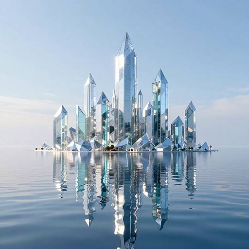Digital art of a crystal city with reflective, pointed skyscrapers standing on calm, mirrored water under a clear blue sky.