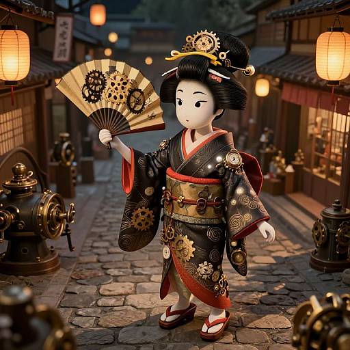 Digital 3D model of a traditional Japanese geisha with black hair, floral kimono, and fan, standing in a cobblestone street at