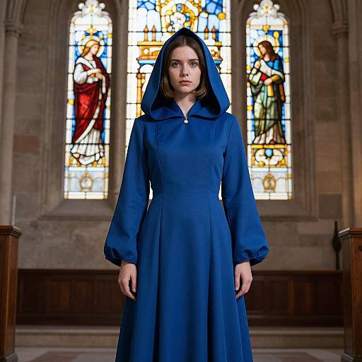 Photograph of a serious young woman in a deep blue nun's habit with a hood, standing in a church with colorful stained glass windows in the background
