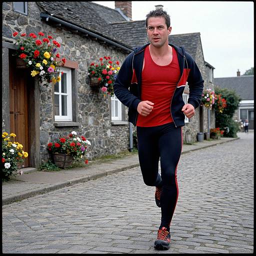 Photograph of a muscular man in a red tank top, black leggings, and running shoes jogging down a cobblestone street lined with colorful flower baskets