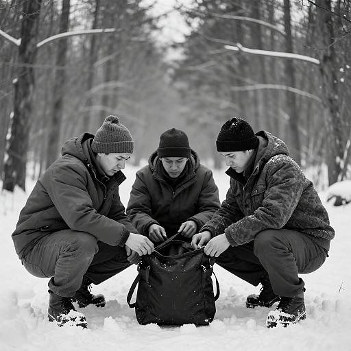 Snowy Forest Scene with Three Men