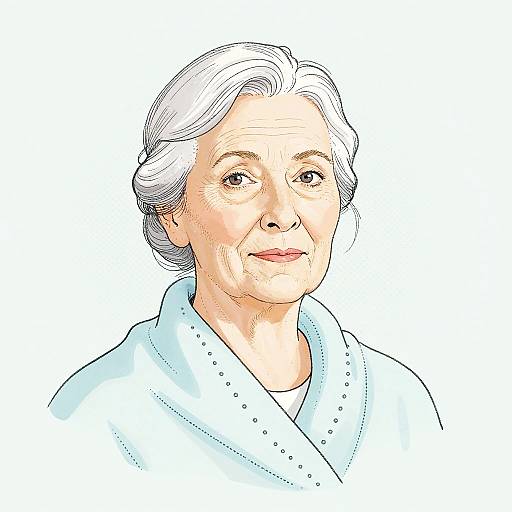 Illustrated portrait of an elderly woman with white hair, wearing a light blue robe, against a white background. She has a gentle expression and subtle wrinkles