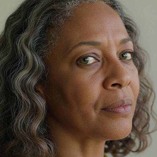 Photograph of a middle-aged African-American woman with curly gray hair, green eyes, and brown lipstick, gazing thoughtfully to the right.
