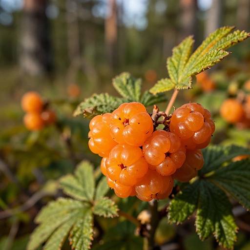 Close-up photograph of vibrant orange berries with green leaves in a sunlit forest, showcasing sharp focus on the berries and blurred background of trees and foliage.