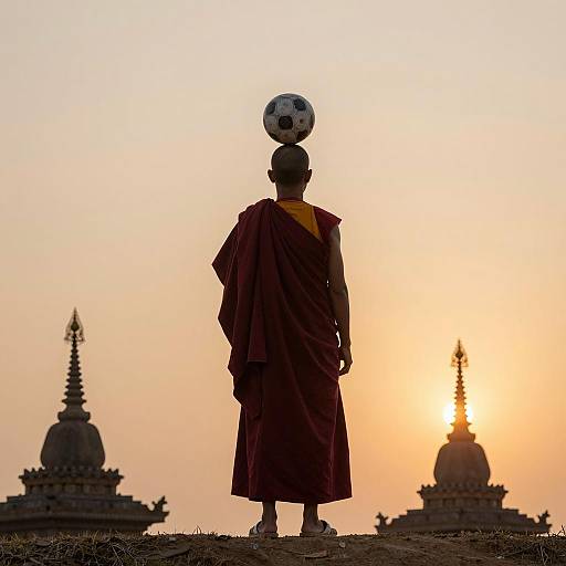 Monk Balancing Soccer Ball at Sunset