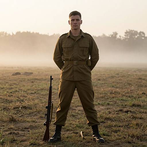 Photograph of a serious young man in WWII-style brown military uniform standing with hands behind back, holding rifle, in misty field at sunrise.