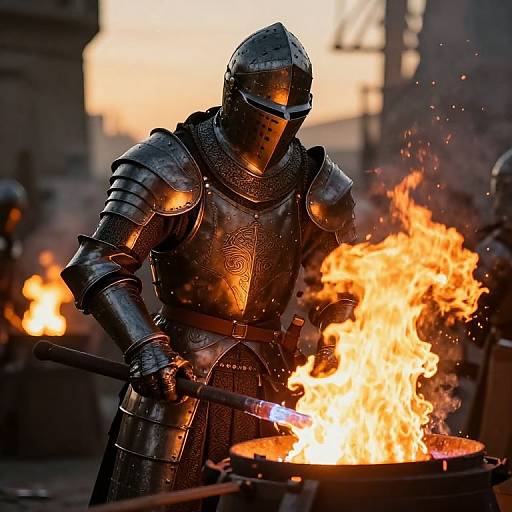 Photograph of a knight in detailed, reflective armor, holding a sword over a blazing fire, with a sunset background.