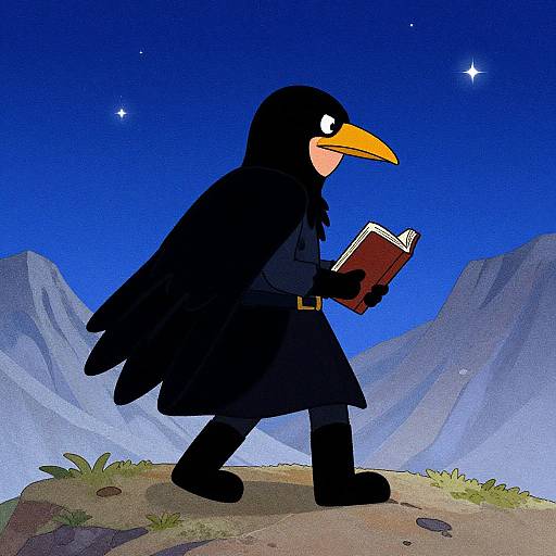 Cartoon penguin in black cloak and boots, holding book, walks through starlit mountain night, vibrant blue sky and grassy terrain.