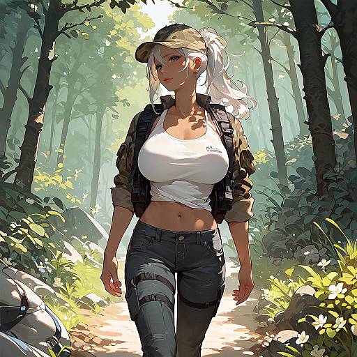 Woman Hiking in Forest with Camouflage Outfit