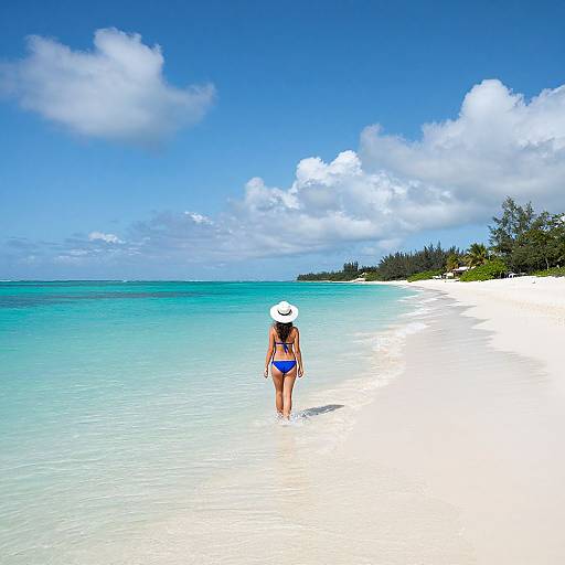 Photograph of a woman in a blue bikini and white sunhat walking on a pristine, white sandy beach with turquoise water and a clear blue sky.