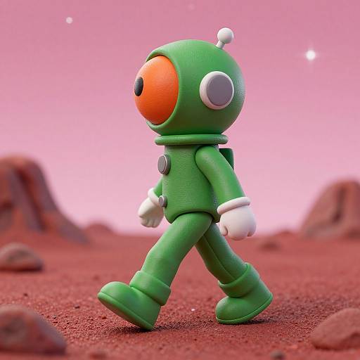 Photorealistic CGI of a green, cartoonish robot with an orange eye, white gloves, and boots, walking on a pink desert with rocky terrain