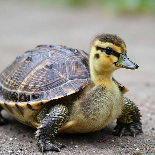 Photograph of a yellow and black duckling with a turtle shell, blending features of both species, sitting on a dirt path.