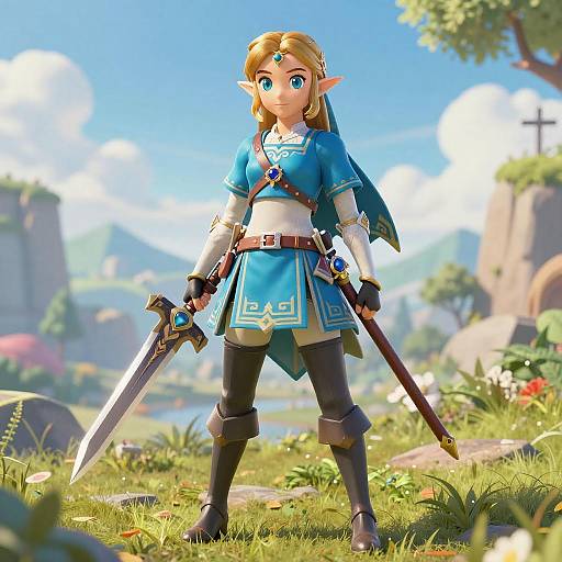 CGI image of a cute, blonde elf girl with blue eyes, wearing a blue tunic, white shirt, black pants, and boots, holding