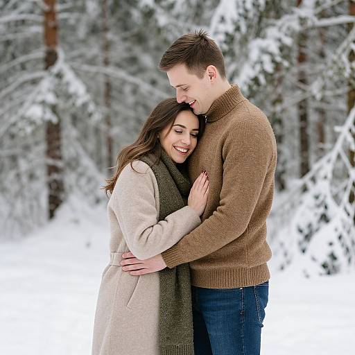 Photograph of a smiling couple embracing in a snowy forest; woman in beige coat and green scarf, man in brown sweater and jeans.