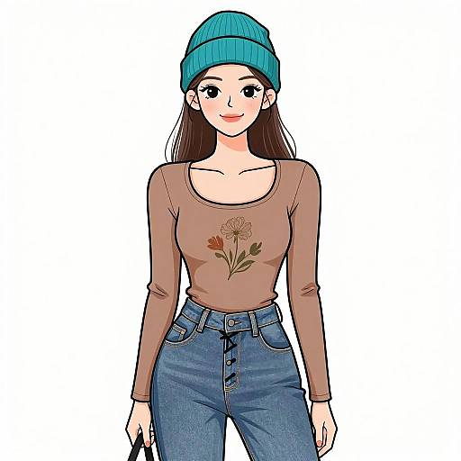 Digital drawing of a smiling woman with long brown hair, wearing a teal beanie, brown long-sleeve shirt with floral print, and high-w
