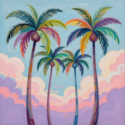 Vibrant digital painting of tall, colorful palm trees with multicolored fronds, set against a sky filled with pink and blue clouds.