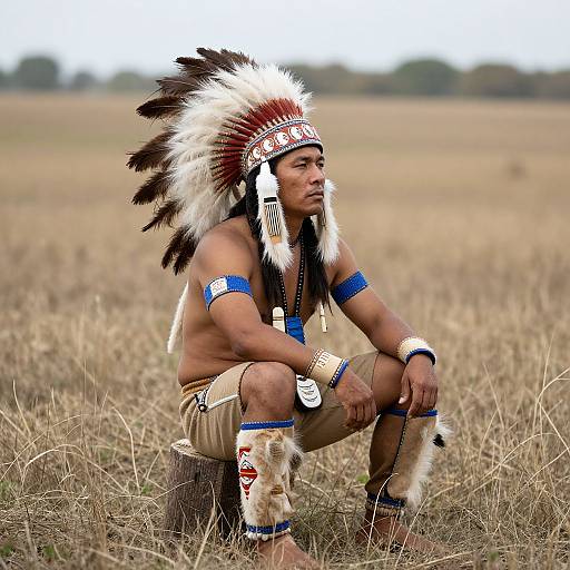 Photograph of a muscular Native American man in traditional headdress, blue armbands, brown loincloth, and fur leg warmers, squat
