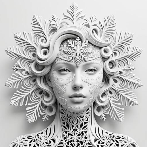 Intricate White 3D Female Sculpture with Snowflake Motif
