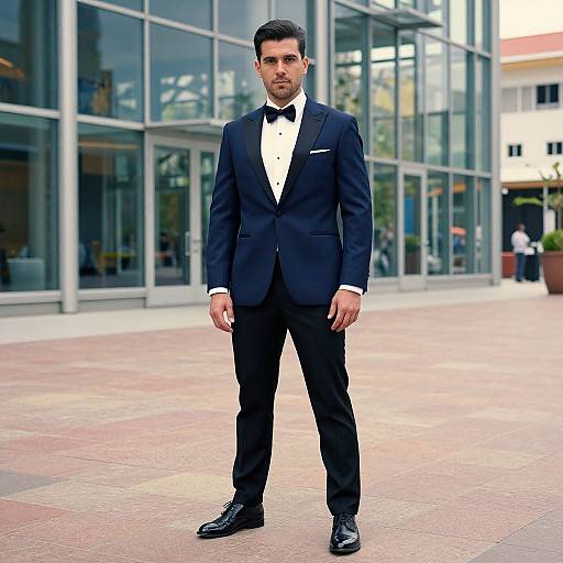 Photograph of a handsome man with dark hair and beard, wearing a black tuxedo, white shirt, black bow tie, and polished black shoes