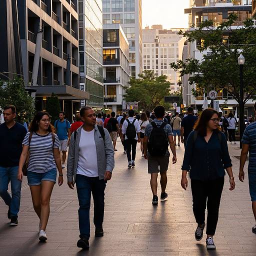 Photograph of a busy urban sidewalk at sunset, with diverse pedestrians in casual attire walking between modern buildings, trees, and street signs.