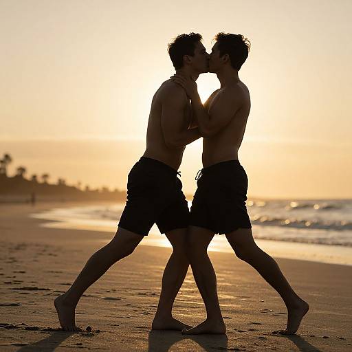 Silhouetted photograph of two shirtless men in black swim trunks kissing on a beach at sunset, with waves and palm trees in the background