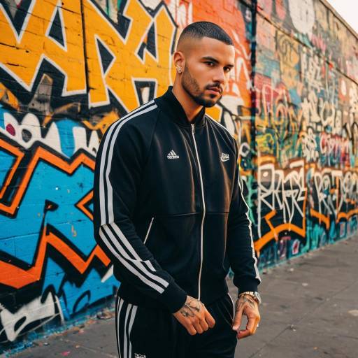 Man with Buzz Cut in Athleisure Outfit by Graffiti Wall
