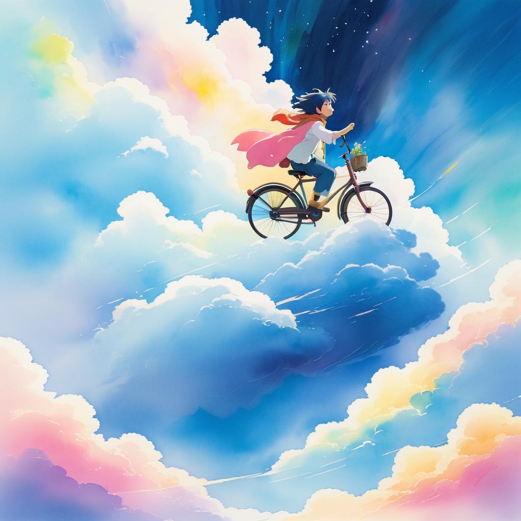 Howl Riding a Cloud in Ghibli Style