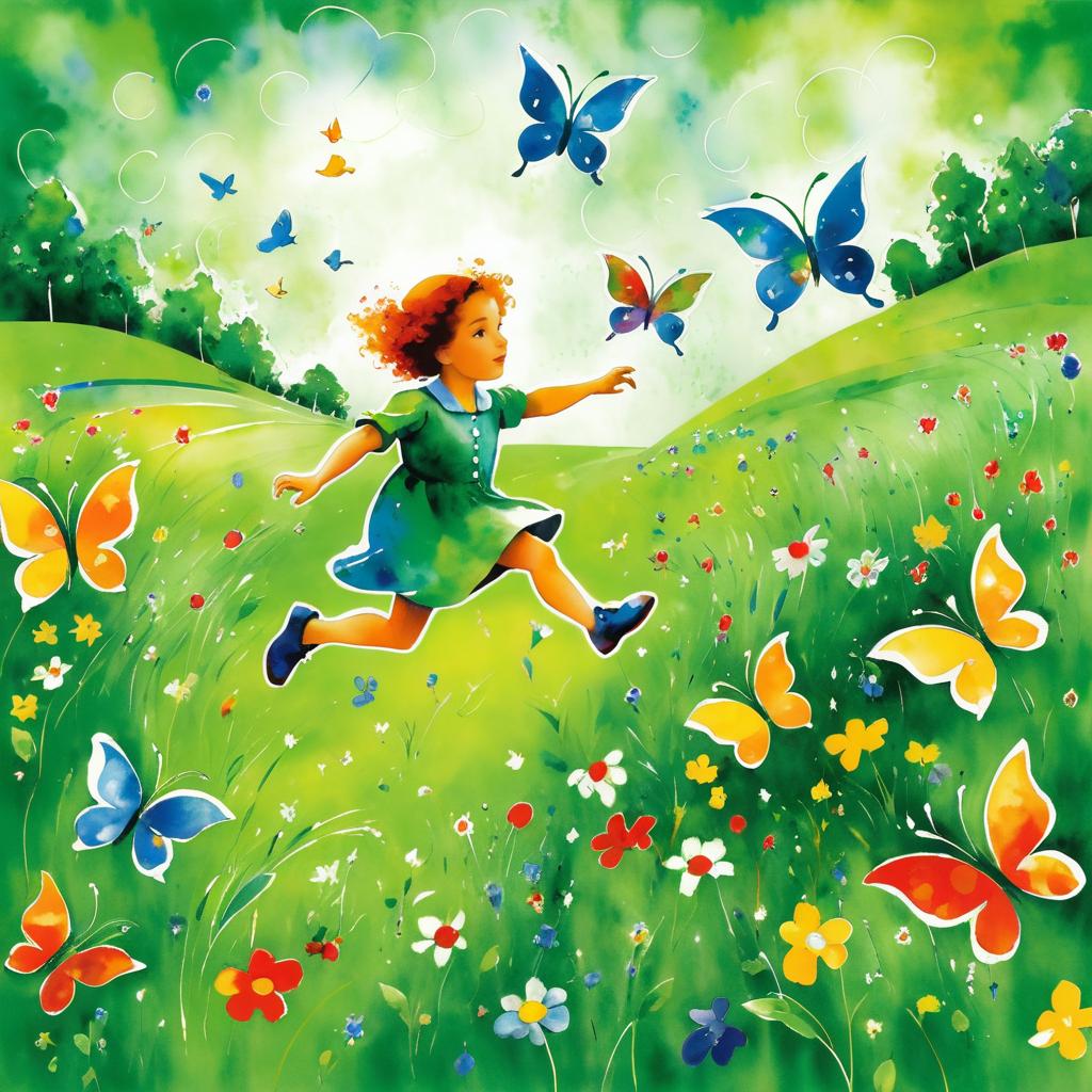 Chagall-Style Child in Meadow with Butterflies