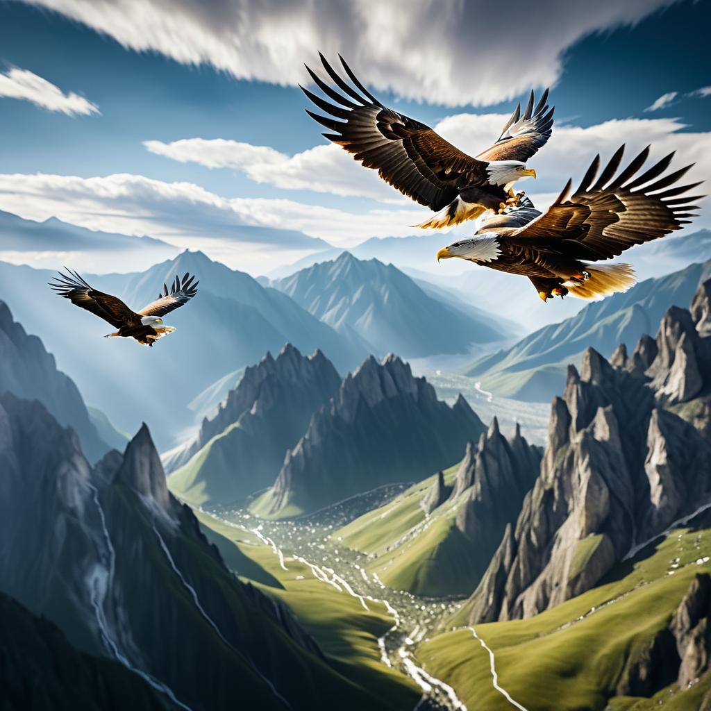 Hyperrealistic Eagles Soaring Over Mountains