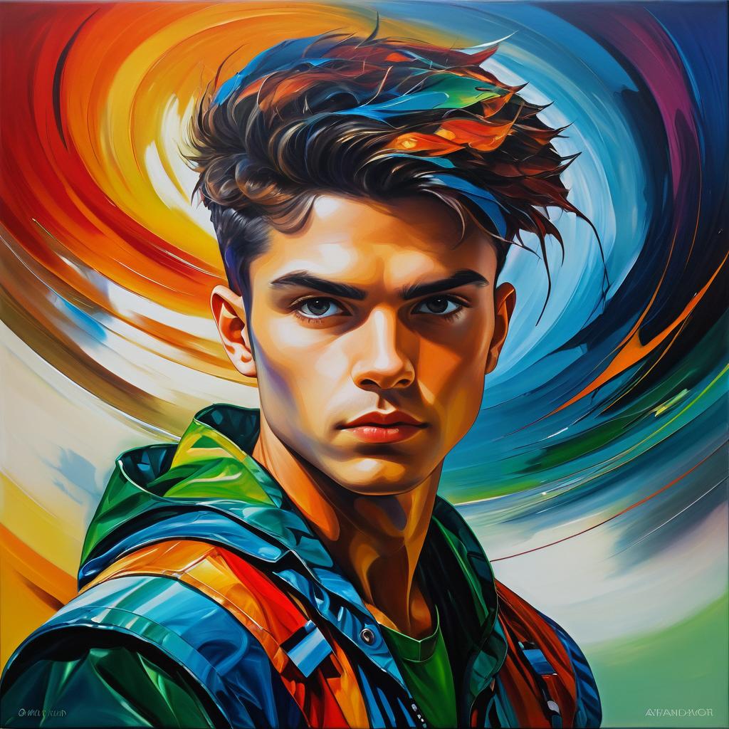 Fierce Young Man in Dynamic Oil Painting