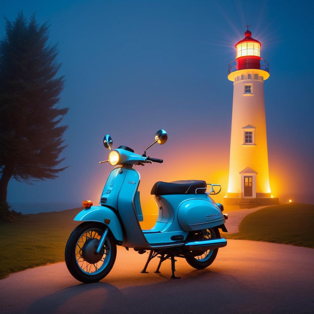 Nostalgic Moped at Twilight Lighthouse