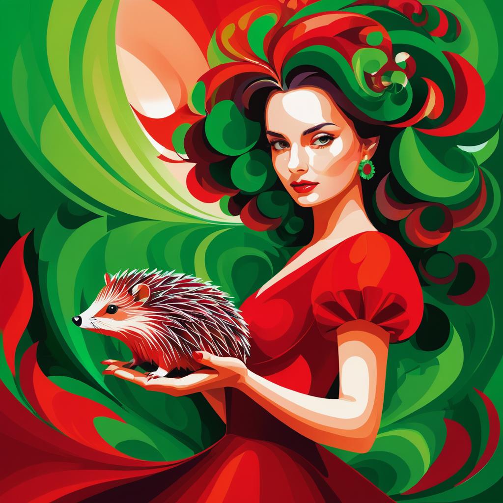 Surreal Woman with Hedgehog in Red Dress