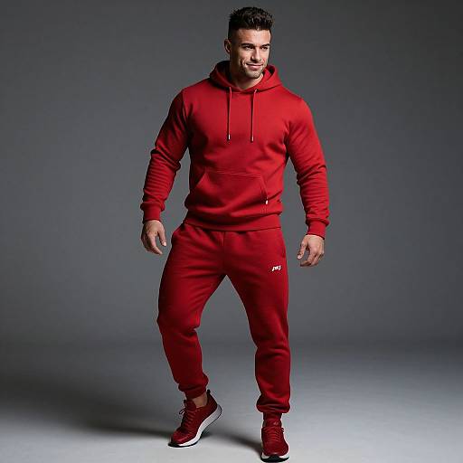 Photograph of a muscular man with dark hair, wearing a red Under Armour hoodie, matching pants, and red sneakers, standing confidently against a gradient gray