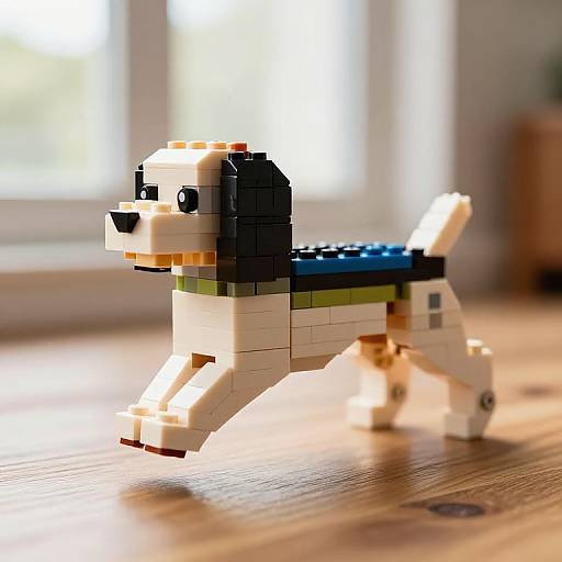 Photograph of a LEGO dog with black and white blocks, blue back, and green stripes, standing on a wooden table in bright sunlight.