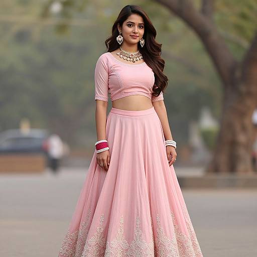 Photograph of a beautiful Indian woman with long dark hair, wearing a pink traditional lehenga with white embroidery, gold jewelry, and red bangles,