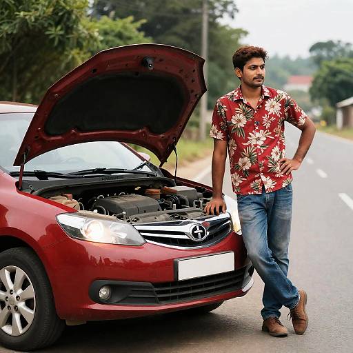 Man Standing by Broken Down Car on Rural Road