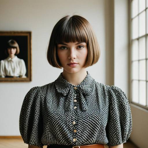 Young Woman with Textured Bowl Cut in Vintage Blouse