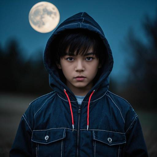 Boy in Hoodie Under Full Moon