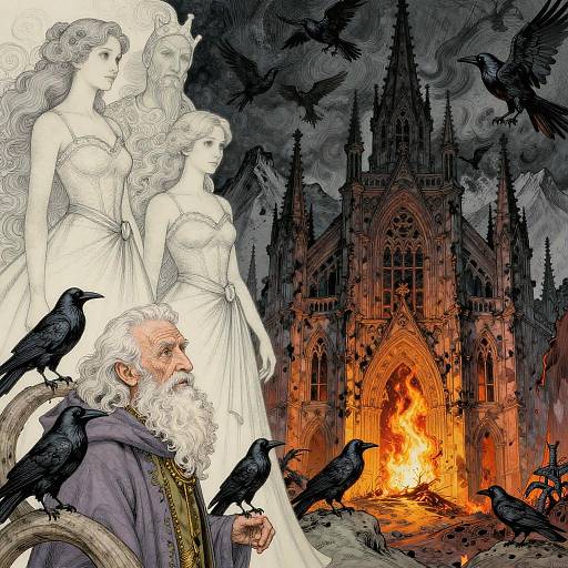 Elderly Wizard with Ravens at Burning Cathedral