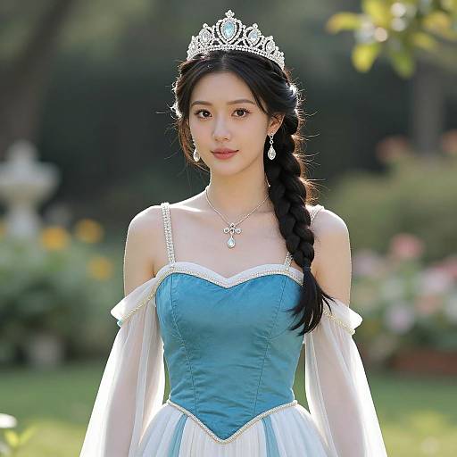 Photograph of an Asian woman with long black braided hair, wearing a silver tiara, blue off-shoulder dress with white sleeves, and