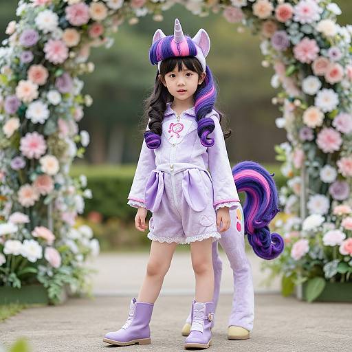 Photograph of a young Asian girl dressed as a unicorn, with purple and pink hair, white dress, and boots, standing in a floral archway