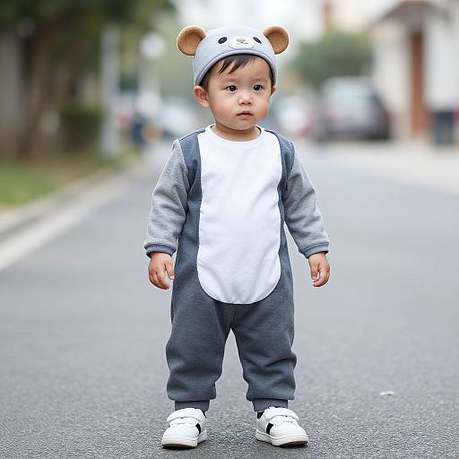 Photograph of a cute Asian toddler in a gray and white bear onesie, white shoes, standing on a suburban street.